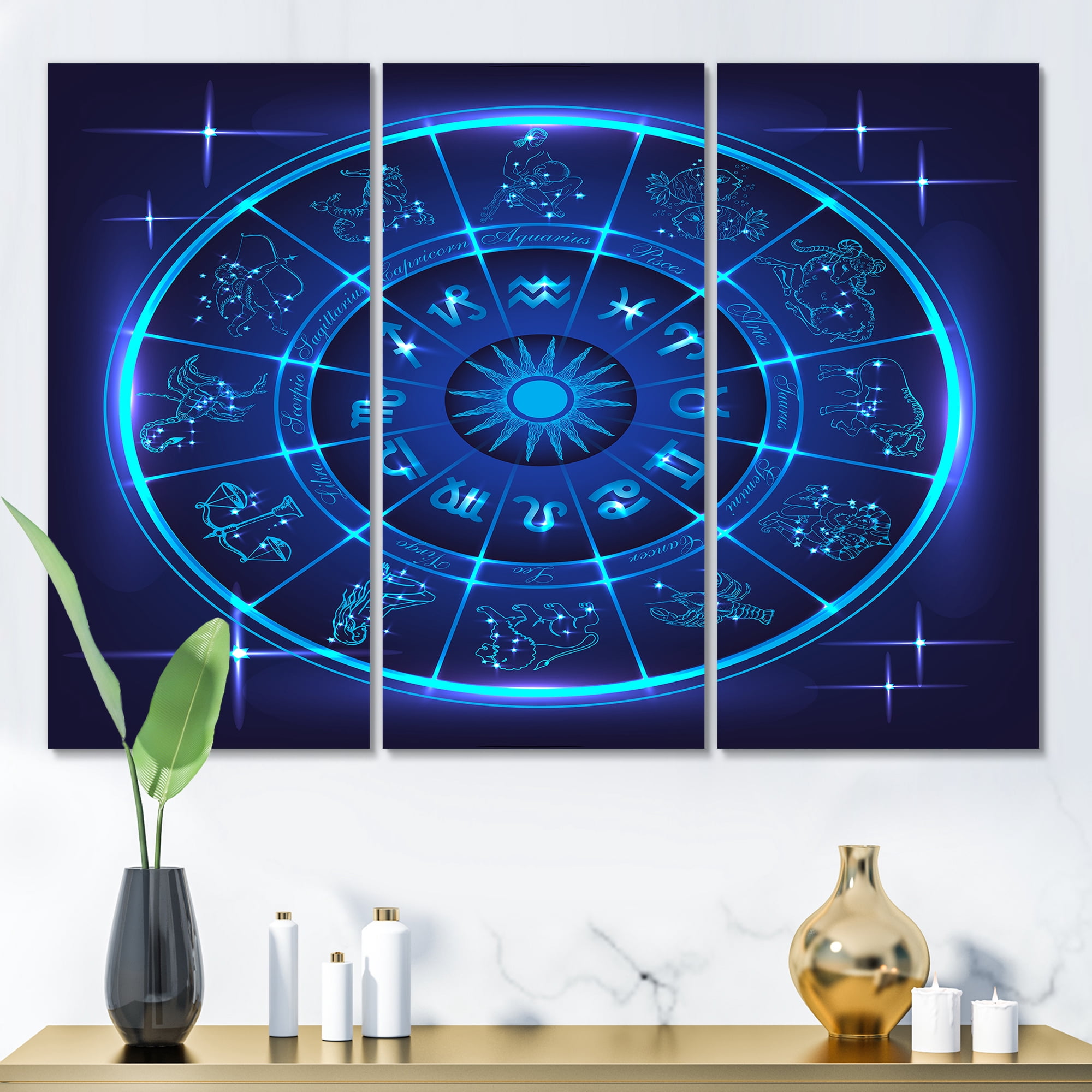 Designart ' Zodiac Signs With Neon Deep Blue Horoscope Circle ' Modern Canvas Wall Art Print