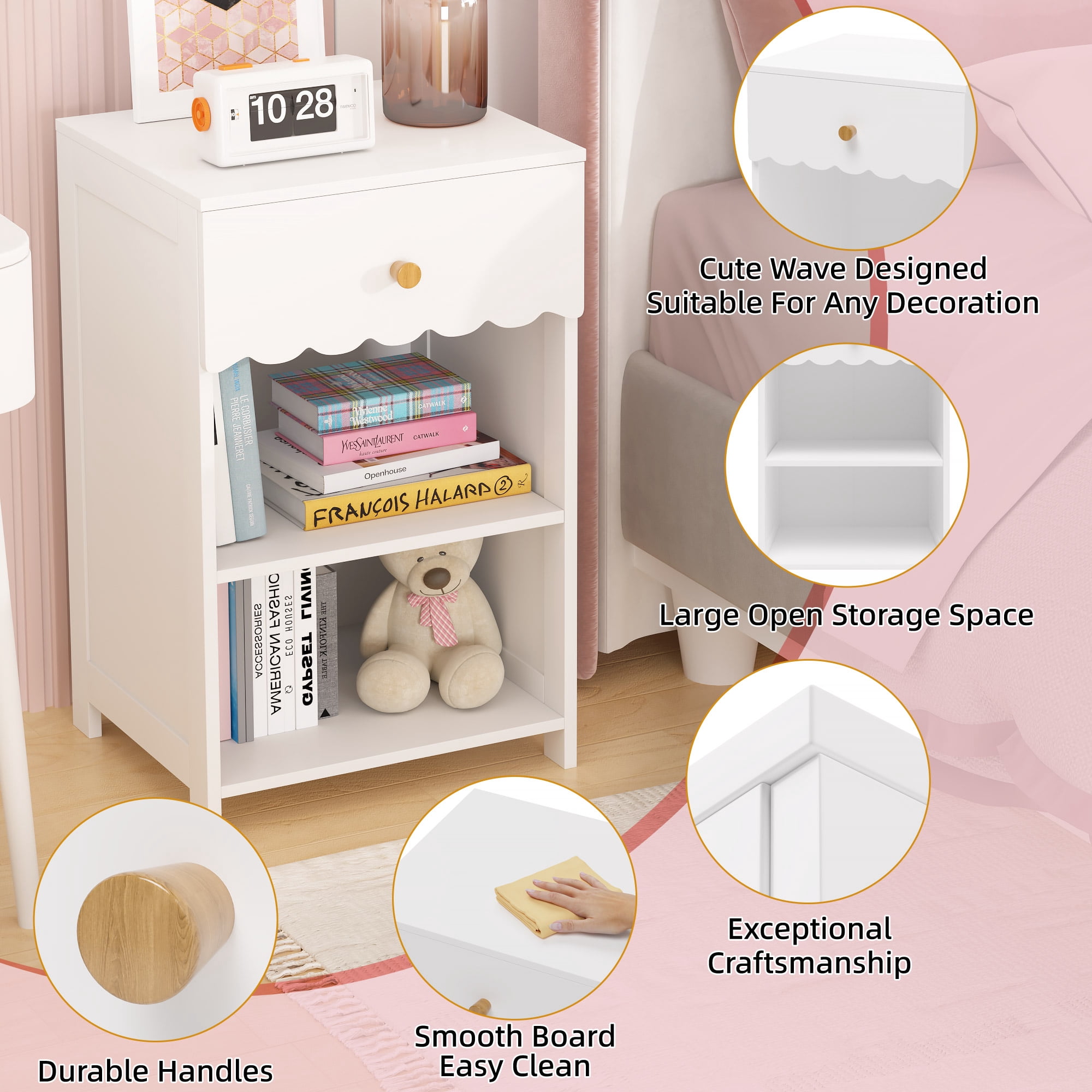 Yoneston Elegant 3-Tier Open Shelf Nightstand with Drawer Storage for Kid's Room Bedside Bedroom, Snow White