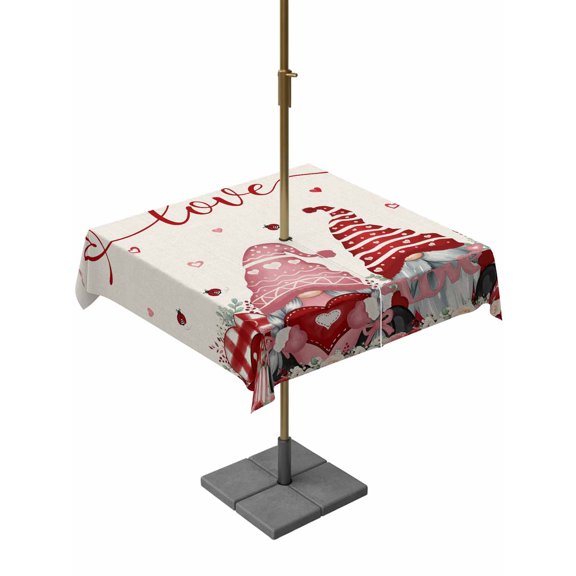 Outdoor Tablecloth with Umbrella Hole and Zipper, Gnomes Valentines Square Table Cloth 60x60 Inch Waterproof Tablecloth, Pink Red Love Heart Eucalyptus Rustic Picnic Table Cover for Patio Camping