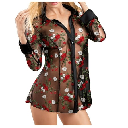 JINMGG 2024 Womens Plus Size Clearance New Embroidered Floral Sheer Mesh Shirt Women Bodydoll Lingerie Tops S-3XL