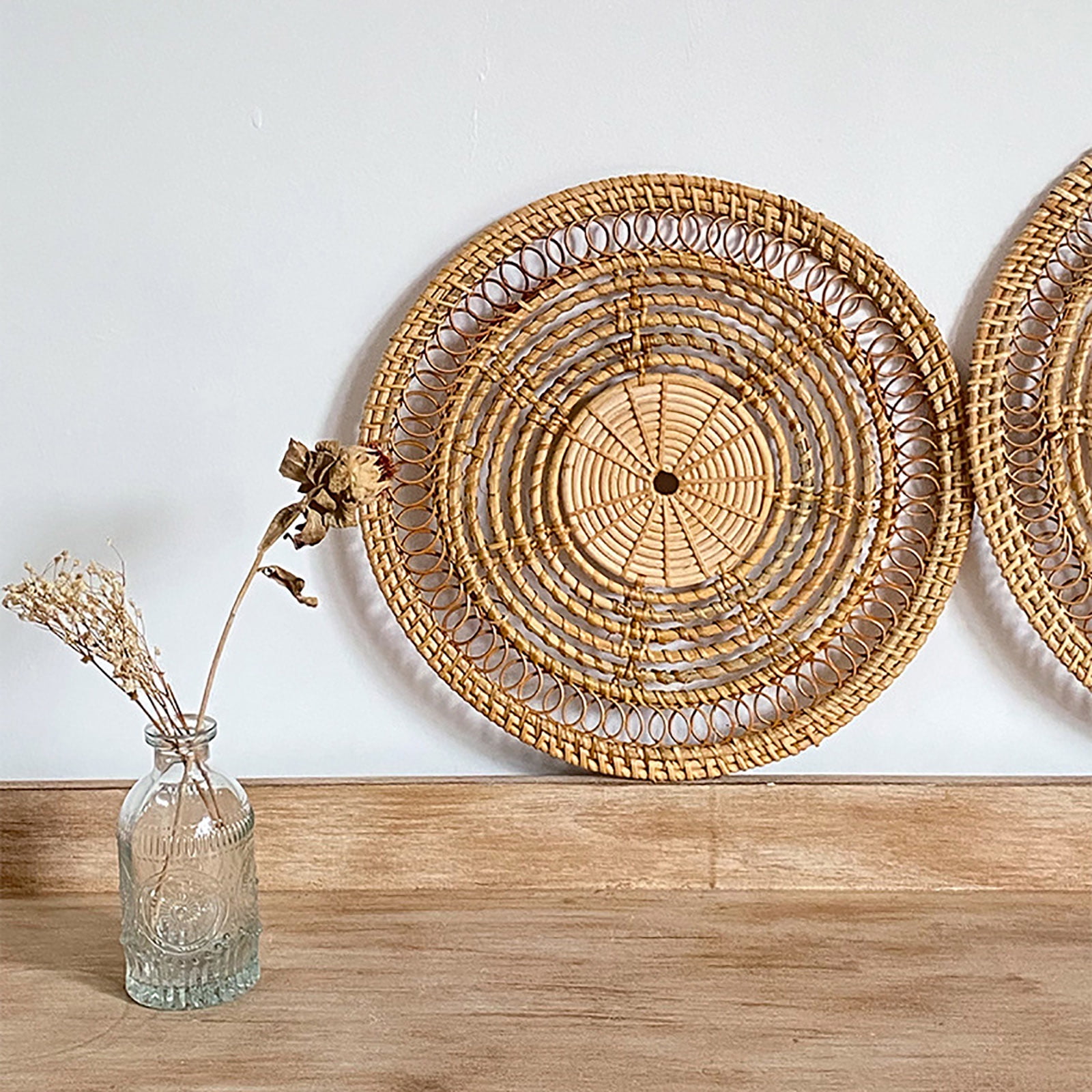 Vigorush Rattan Wall Basket Boho Round Wicker Woven BasketsTrays Hanging Decor 3Pcs Set