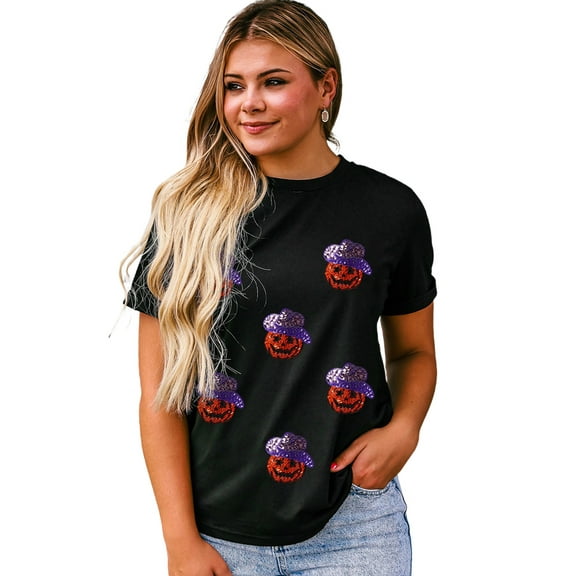 Women's Black Sequin Hat Pumpkin Graphic Crew Neck T-Shirt - [ZhiHiMeRi] | (US 20-22)2XL