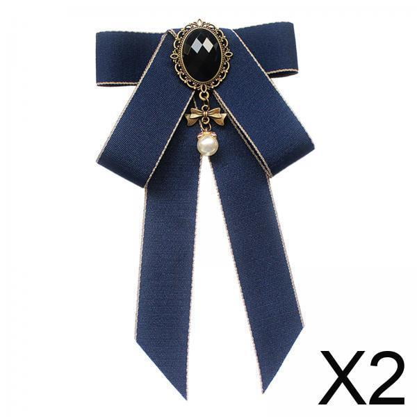 2XRibbon Bow Broche Pre Atado Bowknot Damas Corbata Para Blusa Uniforme Estudiante Azul Oscuro