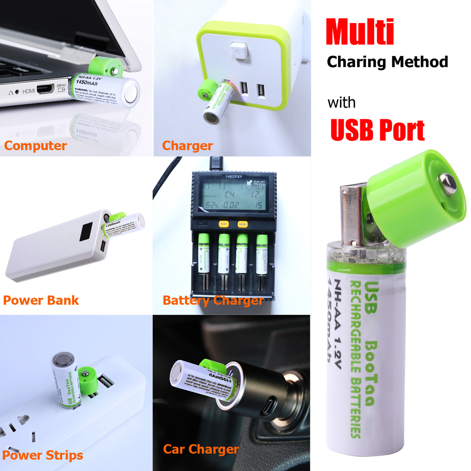 BooTaa Rechargeable Electric Batteries, 4 Pack AA Batteries, Rechargeable AA Batteries High Capacity with USB Charging Port, 1.2V 1450mAh NiMH Long Lasting Double A Batteries for Electronics, Toy Cars