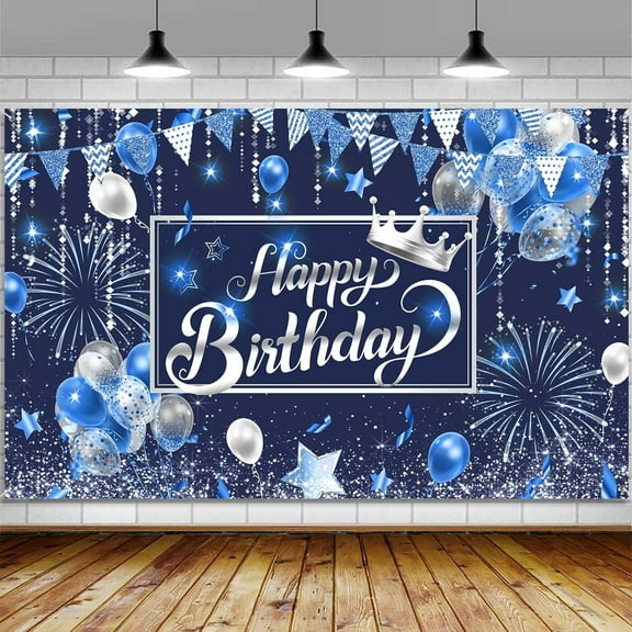 Happy Birthday Party Banner Backdrop for Men Women Boys, Blue Birthday Large Banner Party Decorations Supplies, Sign Poster Background Decor 72X44 Inch