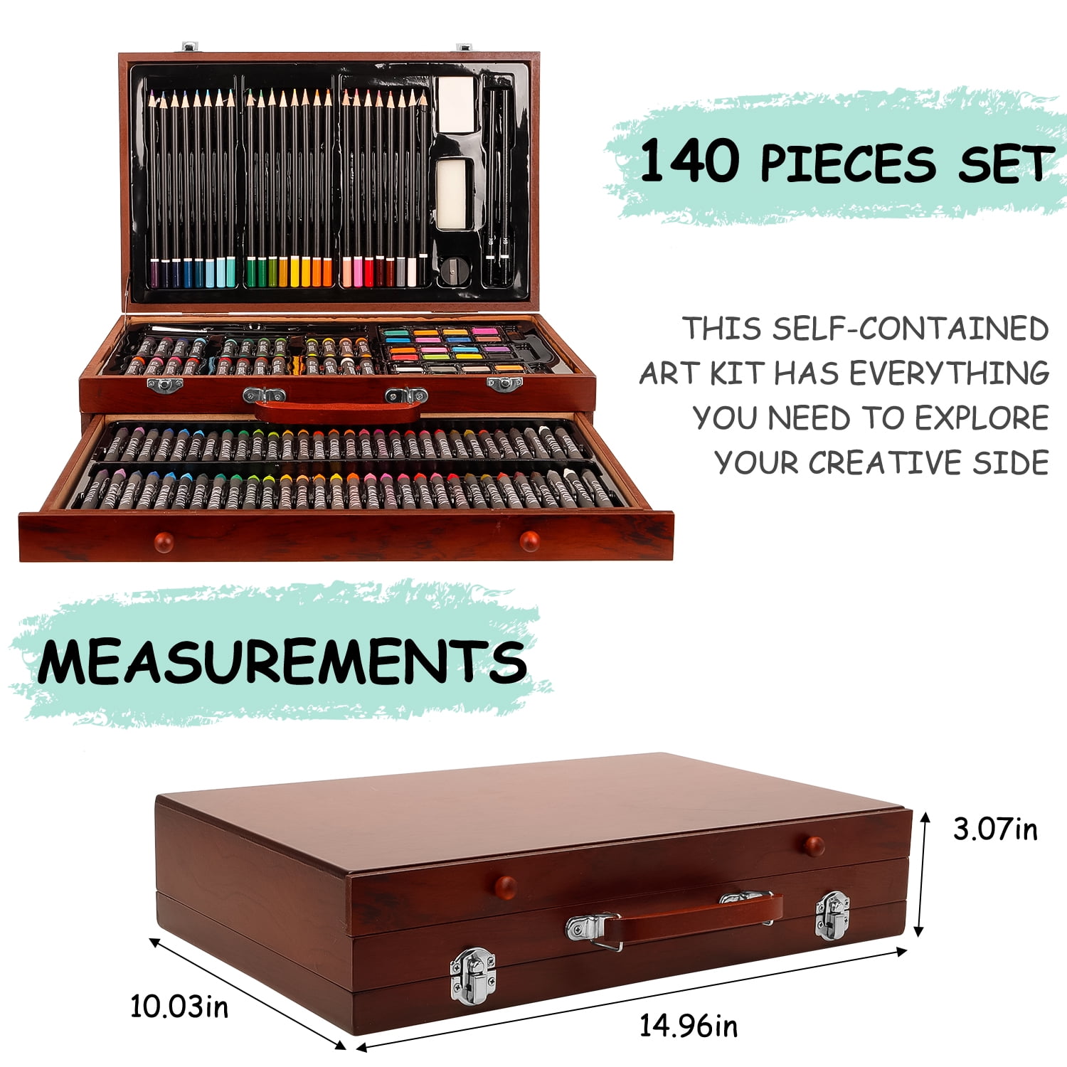 Xueyu All in One 140 PCS Wooden Art Supplies Set with Drawer, Unleash Your Creativity with a Diverse Array of Premium Tools, Including Brushes, Crayons and Watercolors for Every Artistic Endeavor