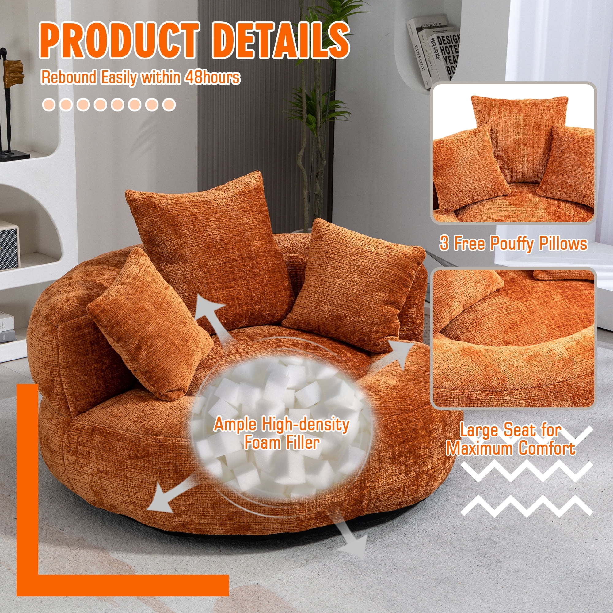 MOONMISS Chenille Upholstered Durable Comfort Lounger Bean Bag Lazy Sofa with Three Pillows-Orange