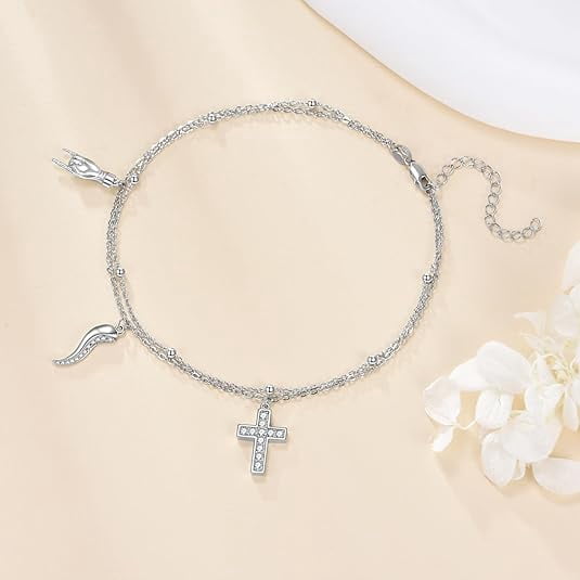 Italian Horn Hand Anklet 925 Sterling Silver Cornicello and Mano Cornuto Layered Ankle Bracelet Italian Good Luck Protection Amulet Jewelry for Women Gifts