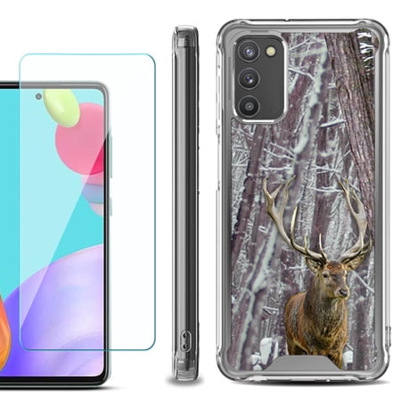 Shockproof Bumper Phone Case for Samsung Galaxy A02s with Tempered Glass Screen Protector by OneToughShield ® - Deer/Snow/Camo