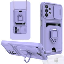 Heavy Duty Case for Samsung Galaxy A32 5G, Camera Lens Sliding Soft Silicone Shockproof Protective Cover with Card Holder Kickstand Rotated Ring Magnetic Car Mount Soft Lining Case, Purple