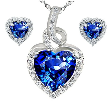 2.0 Carat TCW Heart Cut Gemstone Created Blue Sapphire 925 Sterling Silver Necklace Pendant and Earrings 3 Pieces Jewelry Set