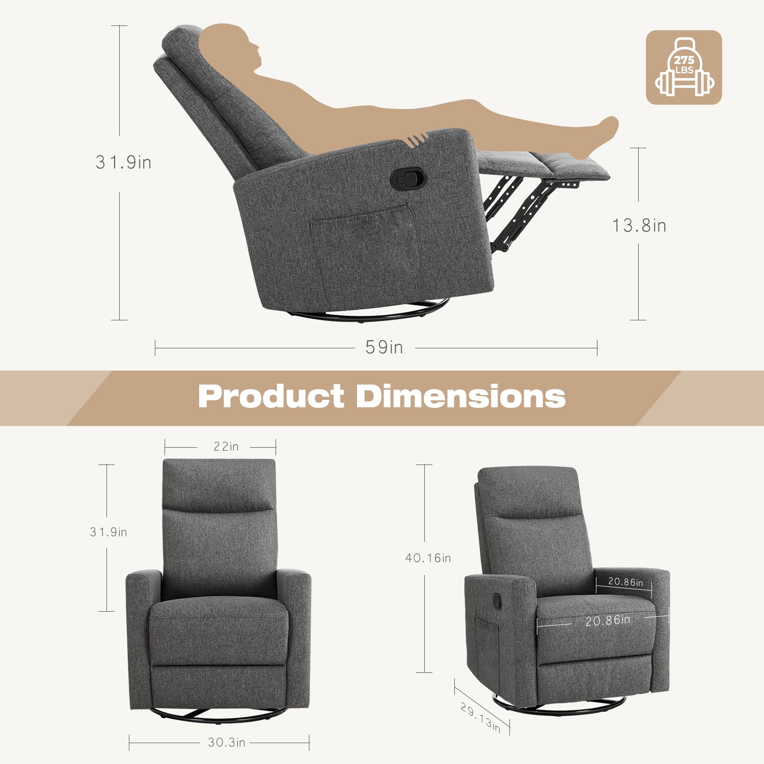 GIANNA Recliner Chair, Modern Design with Adjustable Backrest, Comfortable Padded Seat,Perfect for Living Room, Bedroom, or Home Theater, Grey