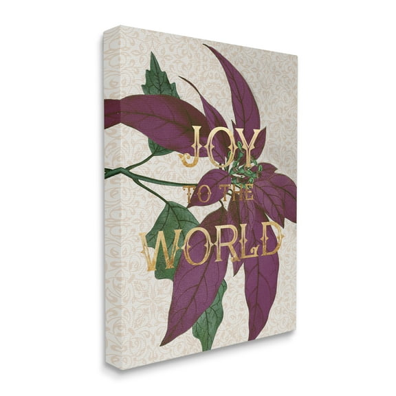 Stupell Industries Joy to the World Phrase Purple Poinsettia Floral Botanical & Floral Painting Gallery Wrapped Canvas Print Wall Art, 30 x 40