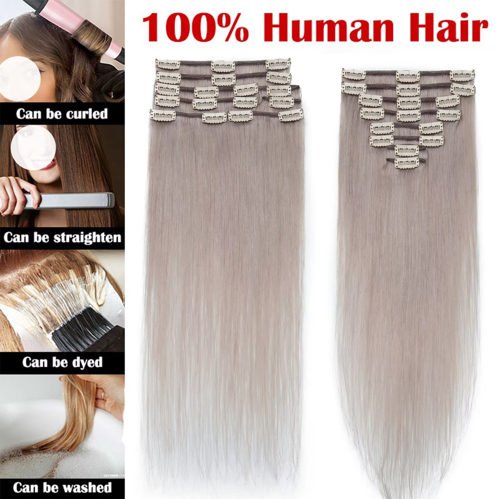 MY-LADY 8Pcs 18Clips Clip in Hair Extensions Human Hair for Women Double Weft Brazilian Remy Straight Human Hair Clip in Hairpiece 20inch #GREY