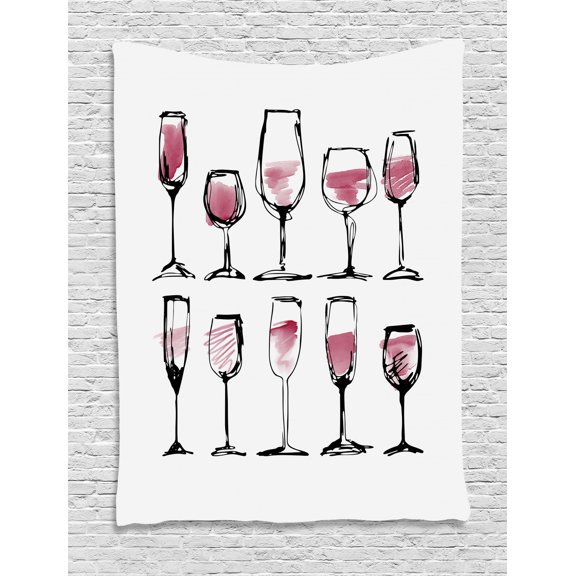 Alcohol Tapestry, Watercolor Sketch Style Alcohol Glasses of Wine Composition Print, Wall Hanging for Bedroom Living Room Dorm Decor, 40W X 60L Inches, White Dried Rose and Black, by Ambesonne