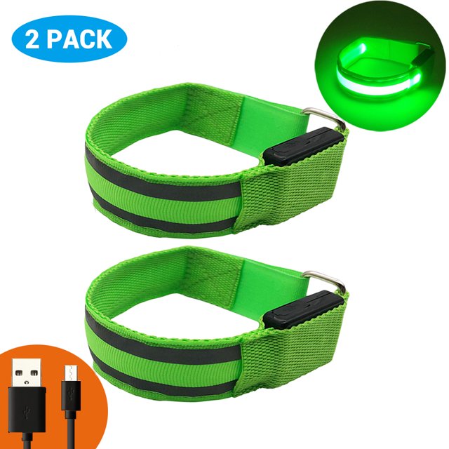 2 brazaletes LED que brillan en la oscuridad, recargables por USB, brazalete reflectante de seguridad para correr, andar en bicicleta, hacer ejercicio y correr de noche.