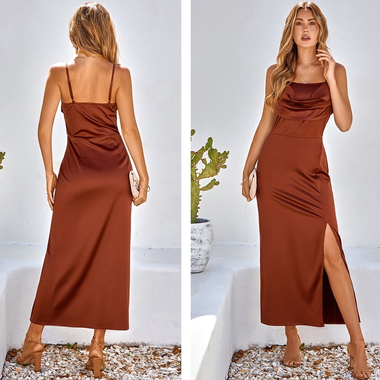 open front halter dress Women's Open Back Split Thigh Drawstring Ruched Front Long Halter Dress