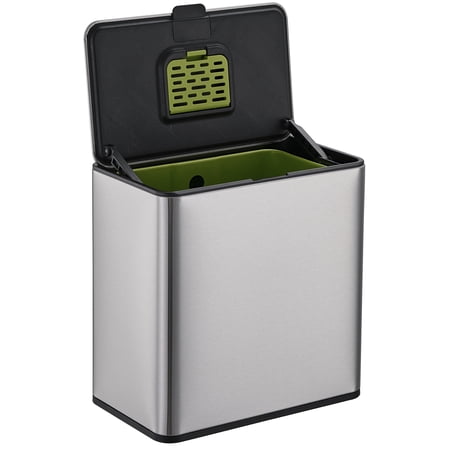 Simpli-Magic Kitchen Trash Can, 16 Gallon, Stainless Steel, Rectangular Step Garbage Bin With Lid, Dual Compartment Trash and Recycling, Silver