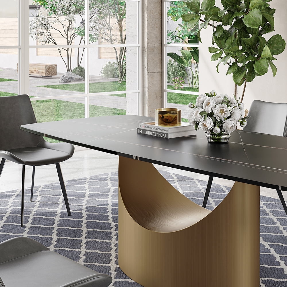 POVISON 71"Hobart Modern Minimalist Dining Table For 4-6, Black Rectangular Matte Sintered Stone Tabletop, Bronze Carbon Steel Leg