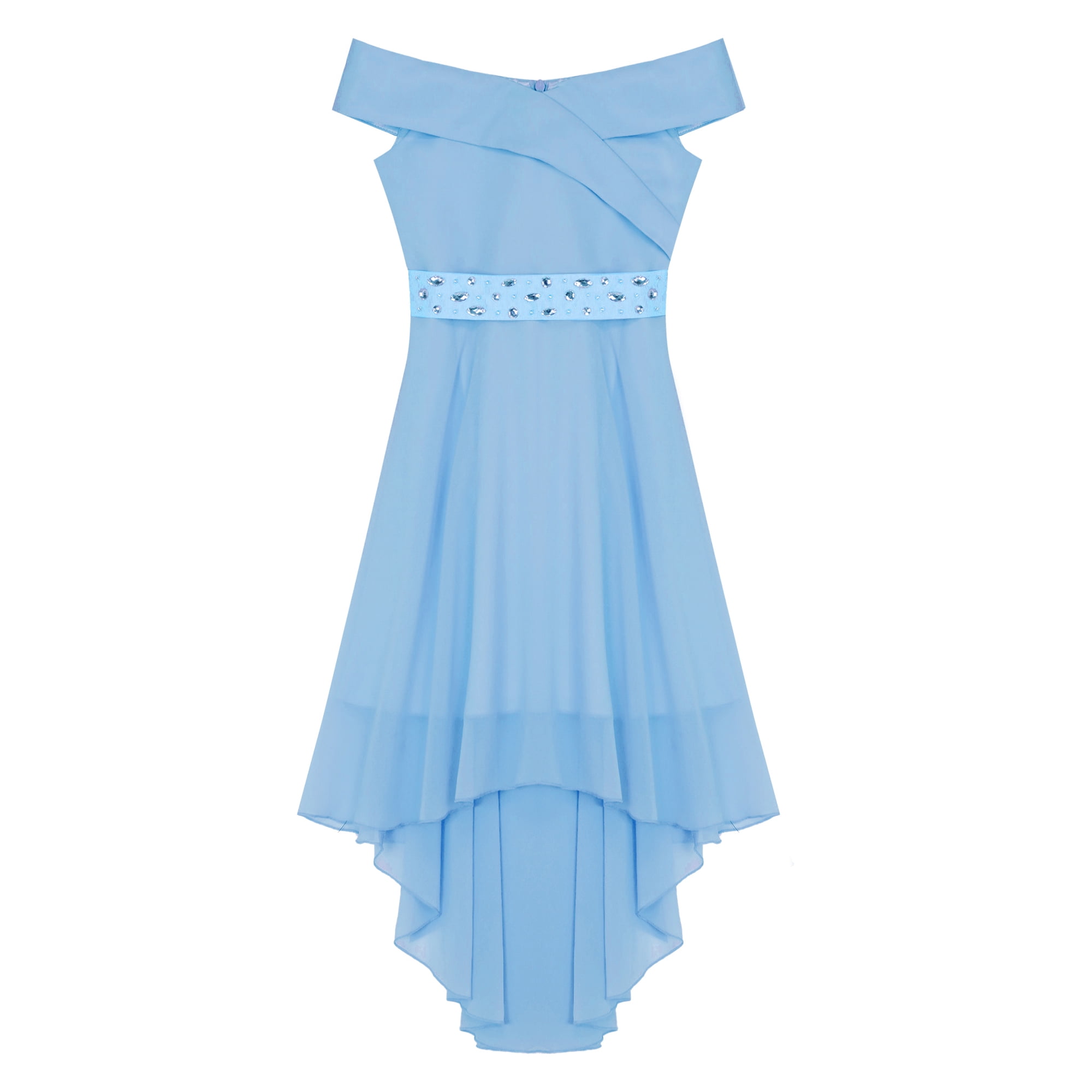 Jizyo Girls Flower Chiffon Dress Elegant Off Shoulder High Low Hem Wedding  Pageant Party Formal Gown Light Blue 14 - Walmart.ca