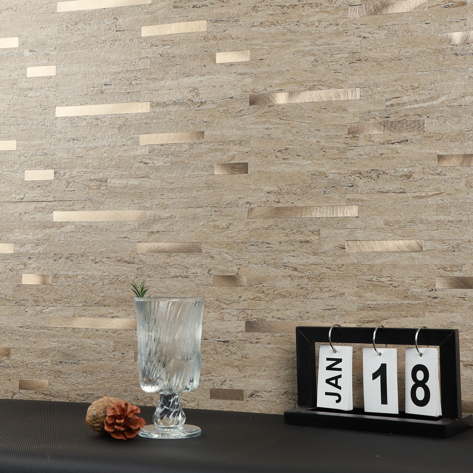 12-Sheet Peel and Stick Backsplash Stone Tile, Self Adhesive Faux Travertine Realistic Stone & Metal Mosaic Wall Tiles for Kitchen Bathroom(5.7 sq.ft)