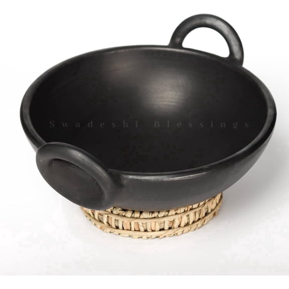 SWADESHI BLESSINGS HandMade Exclusive Range Unglazed Clay/Mitti/Earthen Kadai for Cooking, 1.8Liters (with Natural Firing Shade & Mirror Shine) Free Palm Leaf Stand (Black)
