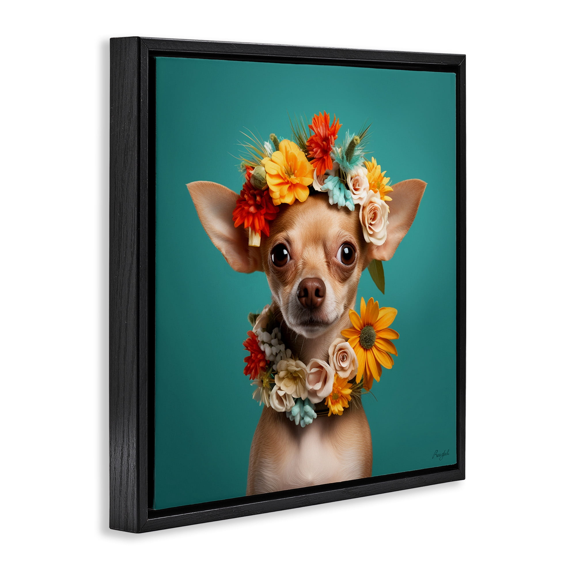 Stupell Industries Floral Chihuahua Portrait Animals & Insects Painting Black Floater Framed Canvas Art Print Wall Art, 18 x 18