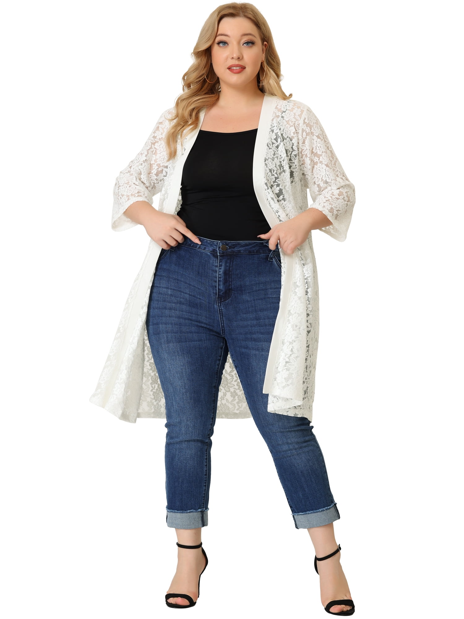 DARING DIVA Women's Plus Size Lace Crochet 3/4 Sleeve Cover Up Jacket 6X White