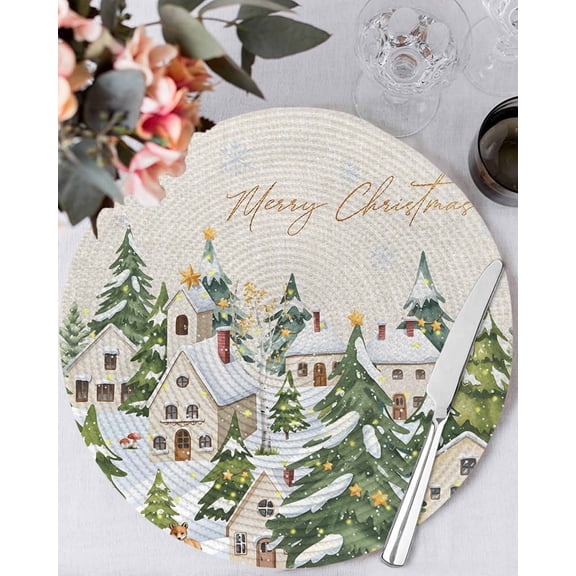 15 Inch Round Placemats Set of 6, Christmas Non Slip Heat Insulation PP Table Mats, Winter Xmas Trees Farmhouse Country Cabin on Linen Washable Place Mats for Kitchen Dining Party Table Decor