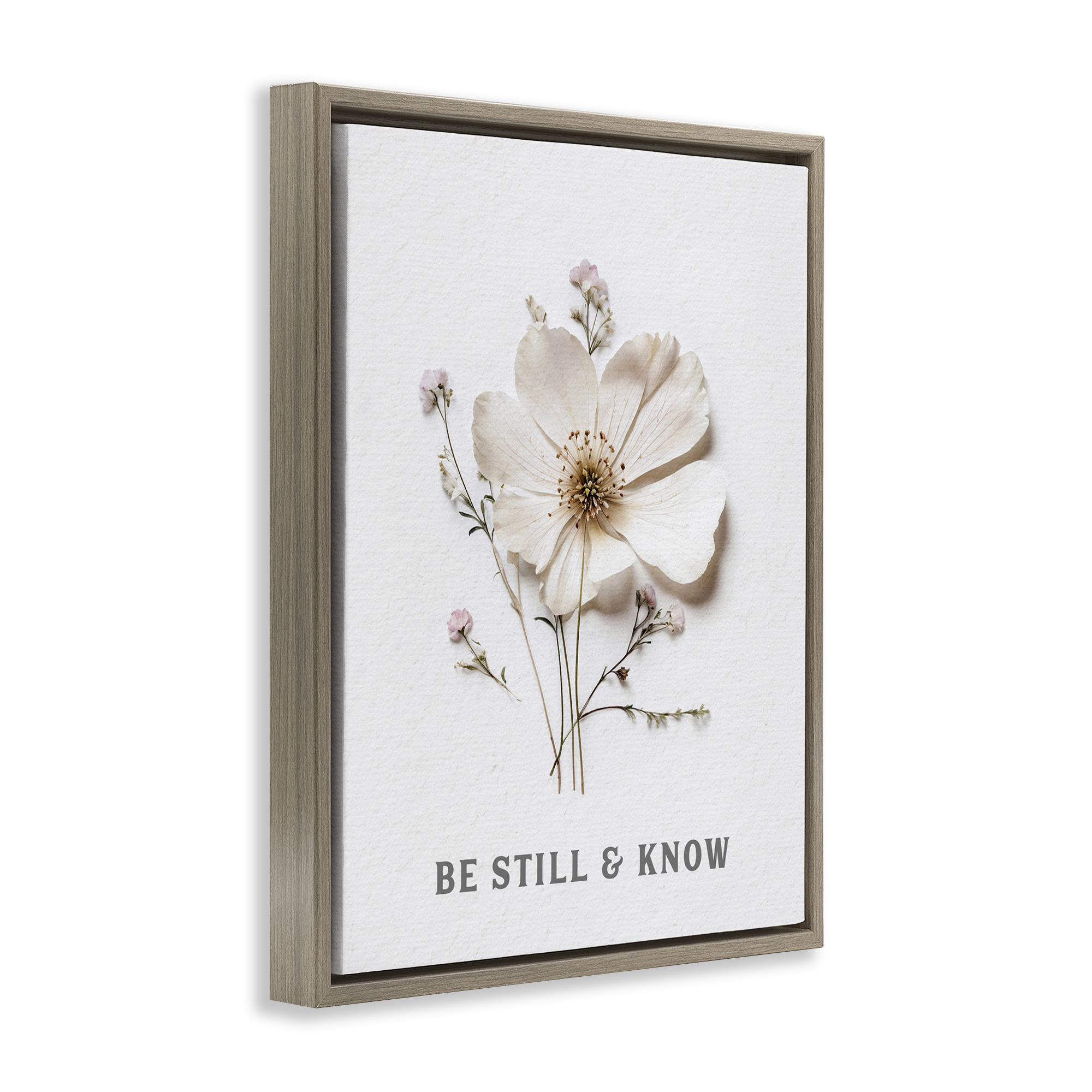 Be Still & Know Pressed Flowers Brown Framed Floater Canvas Wall Art, design by Lettered and Lined