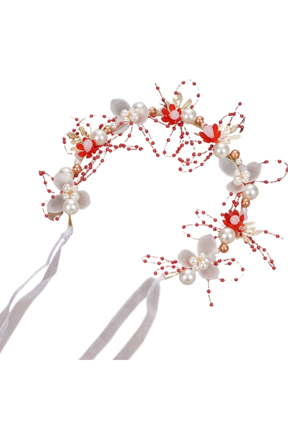 Girls Performance Headband Decorative Faux Pearl Flower Decor Ribbon Romantic Hair Decoration Adjustable Princess Style Bridal Headband Hair Accessories
