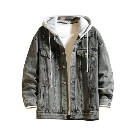 Denim Jacket Men Motorcycle Jacket Men Mens Motorcycle Solid Color Button Pocket Long Sleeved Hooded Denim Jacket Men'S Denim Jackets Long Jacket for Men