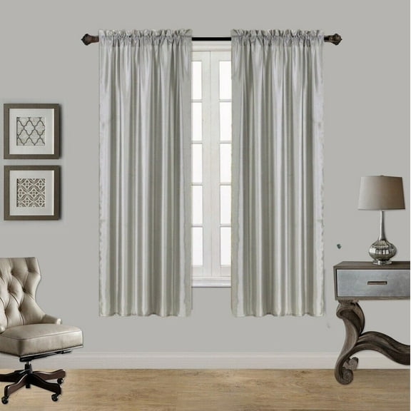 2PC MR2 SILVER SOLID SILK SEMI SHEER ROD POCKET WINDOW CURTAIN PANEL LIGHT FILTERING 55" W X 63" L EACH PC