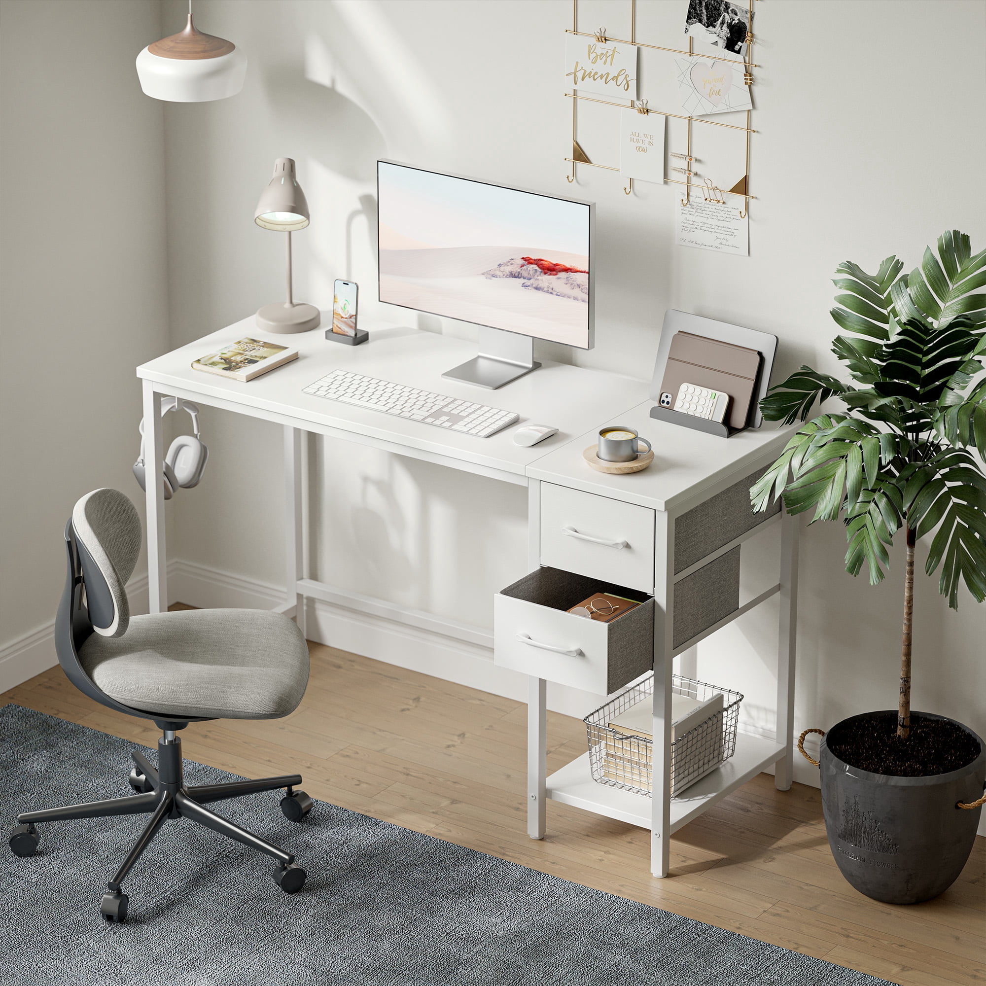 Banti 40" Modern Computer Desk with Drawers and Shelf, Reversible Storage, Small Study Table for Home Office, Bedroom or Dorm, White