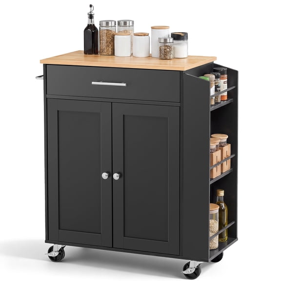 VEVOR Kitchen Island Cart with Storage, 31.3 in Wide Mobile Rolling Storage Island on Swivel Wheels, with Drawer, Storage Cabinet, Spice/Towel Rack, Table for Home Dining Room, Black