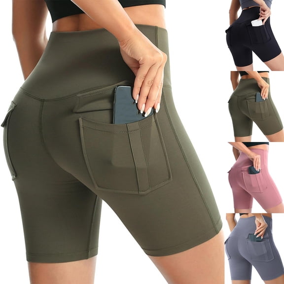 LangJing Biker Shorts High Waist Yoga Shorts for Women's Tummy Control Fitness Athletic Gym Workout Running Shorts with Pockets Gray,S