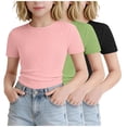 thumbnail image 4 of SGFCWSX Girls T Shirt 3 Pack Ribbed Knit Short Sleeve Crew Neck Slim Fit Cropped Casual Soft Basic Kids Daily Wear Tee Tops Black Size 7/8, 4 of 5