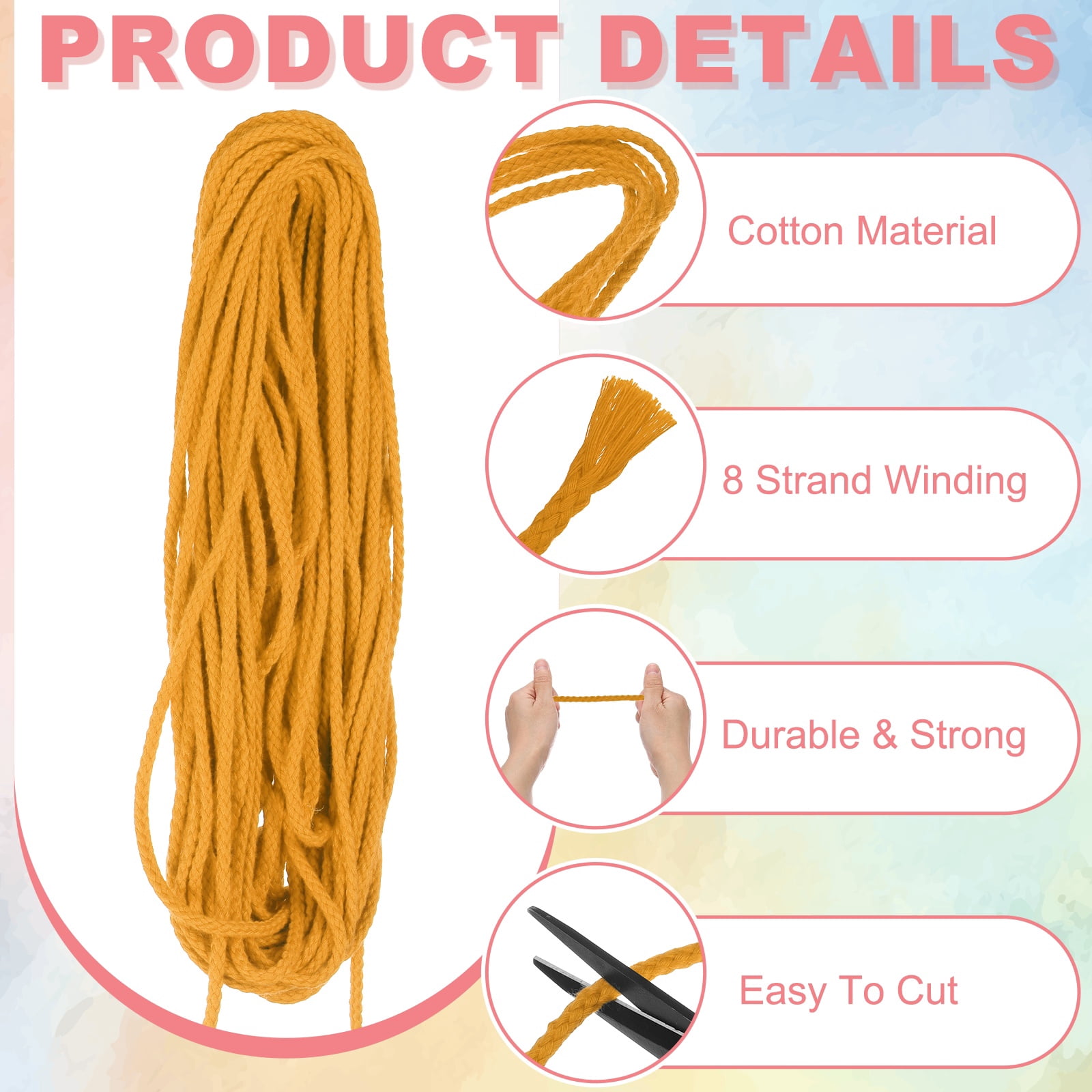 Braided Macrame Cord, 3/16" x 164ft 8 Strand Cotton Rope Braided String with Cord End Caps for Drawstring, Plant Hanger Wall Hanging, Dream Catcher Crafts, Yellow