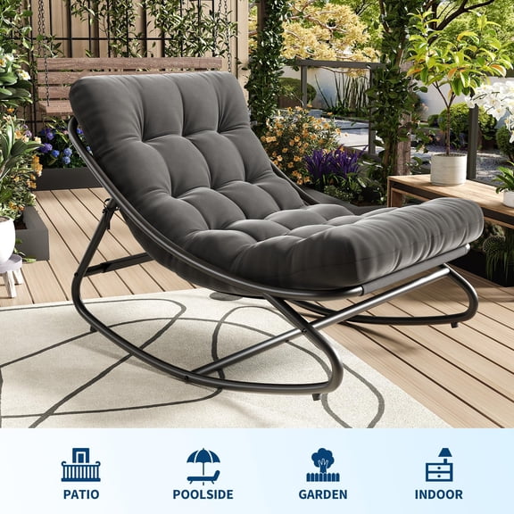 TEQIN Indoor Outdoor Papasan Chair With Cushion,Oversized Outdoor Rocking Chair, All Weather Papasan Rocking Chair For Bedroom/Living Room/Porch/Garden/Patio