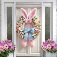 thumbnail image 3 of Easter Pink Bunny Wreath Decorations Spring Wreath Cute Rabbit Garland for Front Door,Artificial Flower Wreath with Plaid Bow Egg for Farmhouse Holiday Wall Home Window Decor, 3 of 5