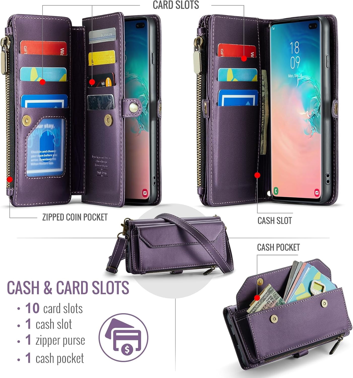 Phone Case for Samsung Galaxy S10 Zipper Wallet Cover with Tempered Glass Screen Protector and Leather Flip RFID Blocking Credit Cash Card Holder Cell S 10 Edge 10S GS10 X10 Women Girls Purple