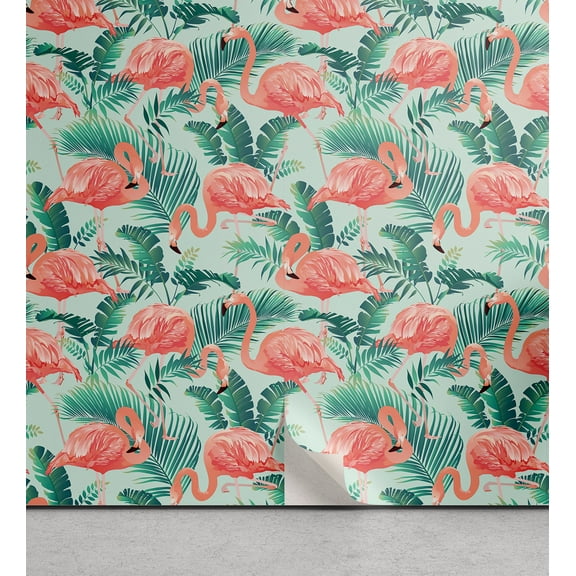 Ambesonne Tropical Peel & Stick Wallpaper for Home, Flamingos Botanical Exotic, 13"x36", Pale Ruby Grey Teal
