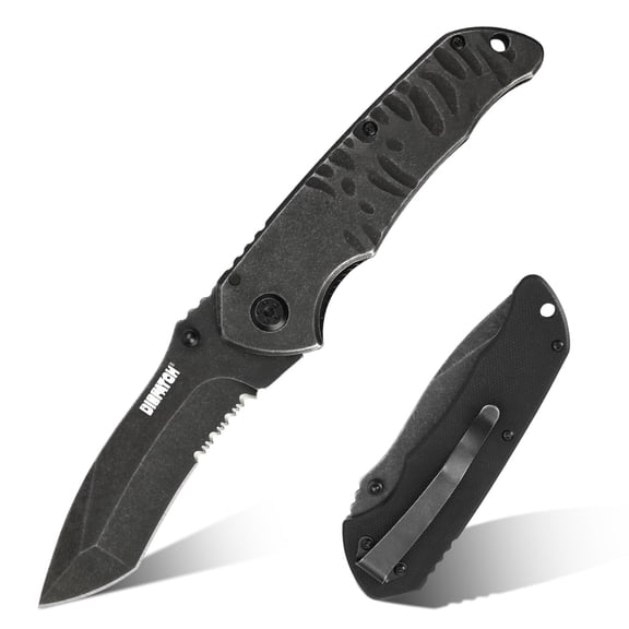 DISPATCH 7.8" Folding EDC Pocket Knife, 3.15" Half-Serrated Stonewashed Stainless Steel Blade, Steel & G10 Dual Textured Handle Liner Lock Pocket Knife for Camping Hiking Household Cut