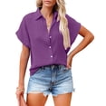 thumbnail image 2 of ZOHIUM Women Blouse Women's Solid Color Single Breasted Fashionable Casual Shirt Sleeved Shirt Women Summer Tops Purple Tops for Women Blouse (Purple,S), 2 of 4