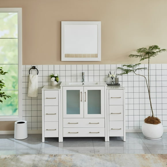 Vanity Art 54 in. W Single Sink Bathroom Vanity with Ceramic Top and Free Mirror