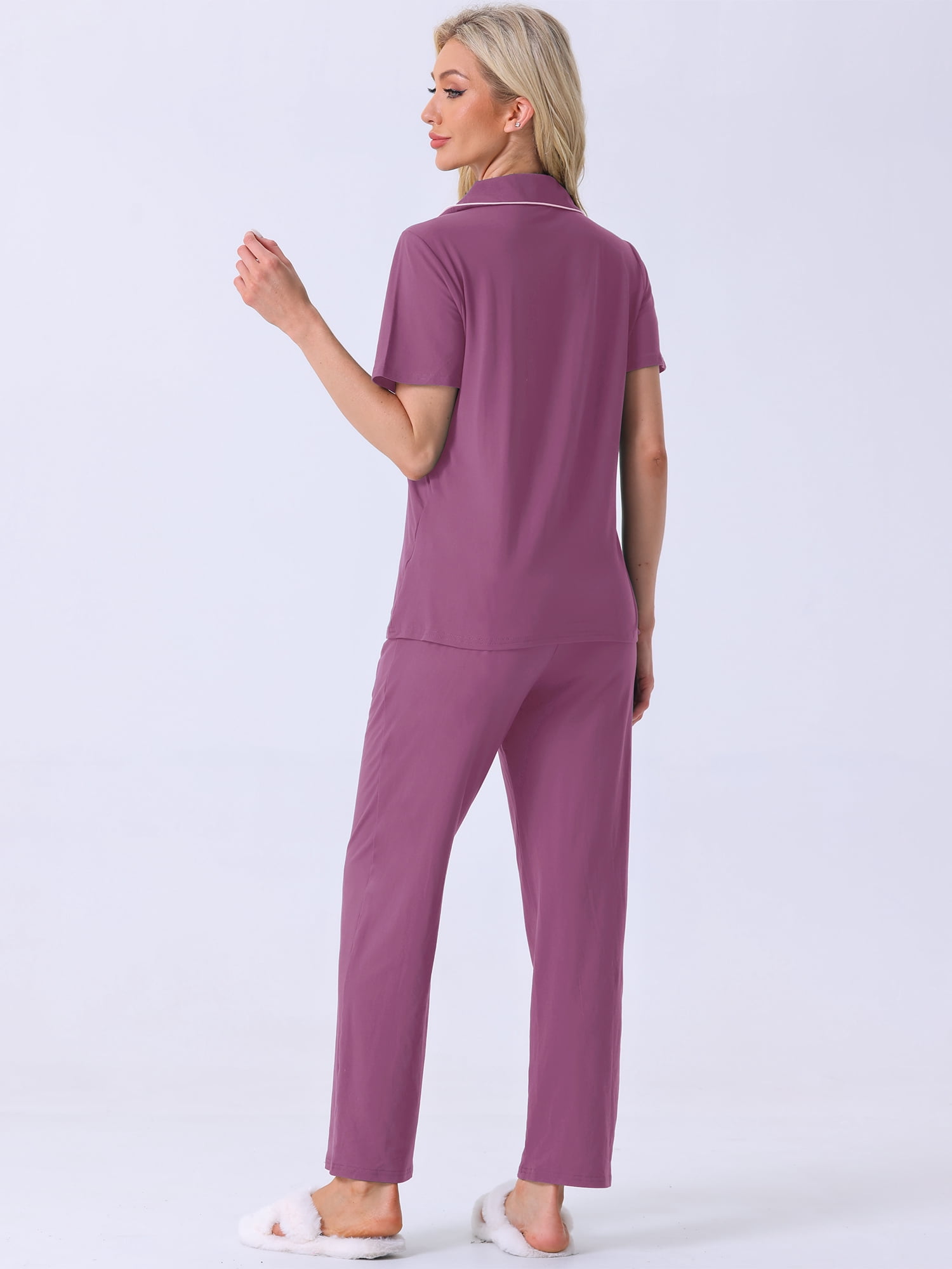 DARING DIVA Women's Pajama Set Button Down Soft Short Sleeve Long Pants M Purple