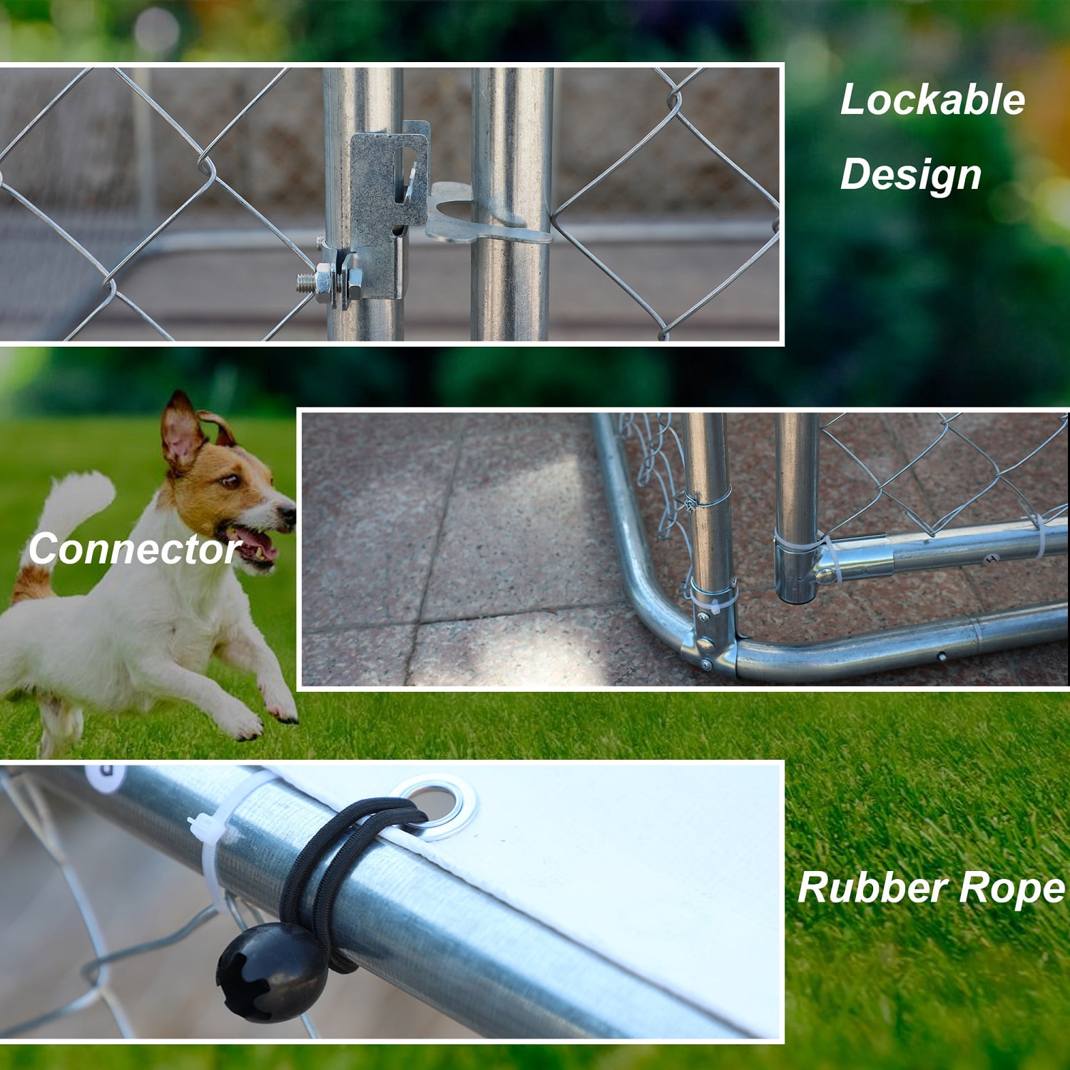 DetalleGo Large Outdoor Dog Kennel, Heavy Duty Galvanized Steel Dog Enclosure with Waterproof UV-Resistant Cover, Lockable Door Chain Link Playpen for Small to Large Pets (118" L x 118" W x 71" H)