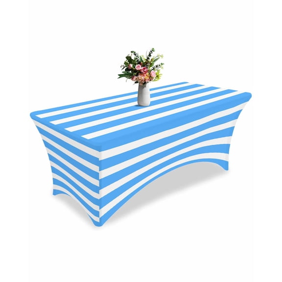 Fitted Tablecloth 6ft Blue Stripes Rectangular Tablecloths Stretch Spandex Table Cover Washable Elastic Modern Simple Striped Table Cloth Protector for Dinner Party Wedding Banquet