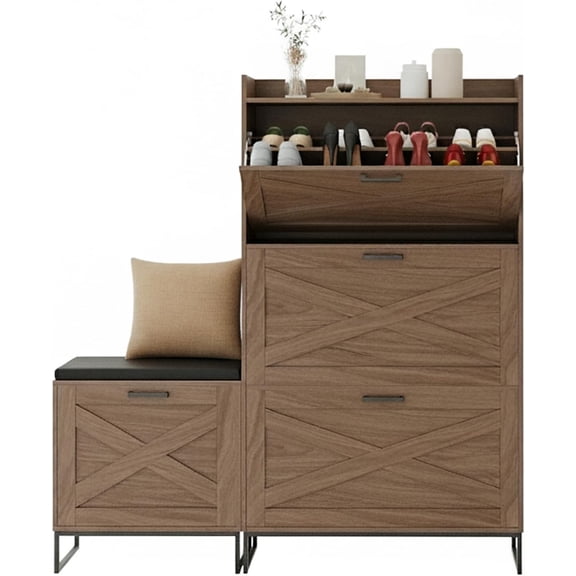 Acekid Shoe Storage Cabinet with 4 Flip Drawers,Farmhouse Wooden Shoe Cabinet with Bench & Seat Cushion,Walnut