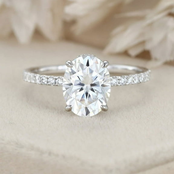 Eclet Jewels 14K White Gold Plated Ring - 2.1 Ct Oval Cut Lab Created Diamond Ring - Engagement Wedding Hidden Halo Ring for Women's - Handmade Jewelry for Anniversary Gift - Party Wear Diamond Ring